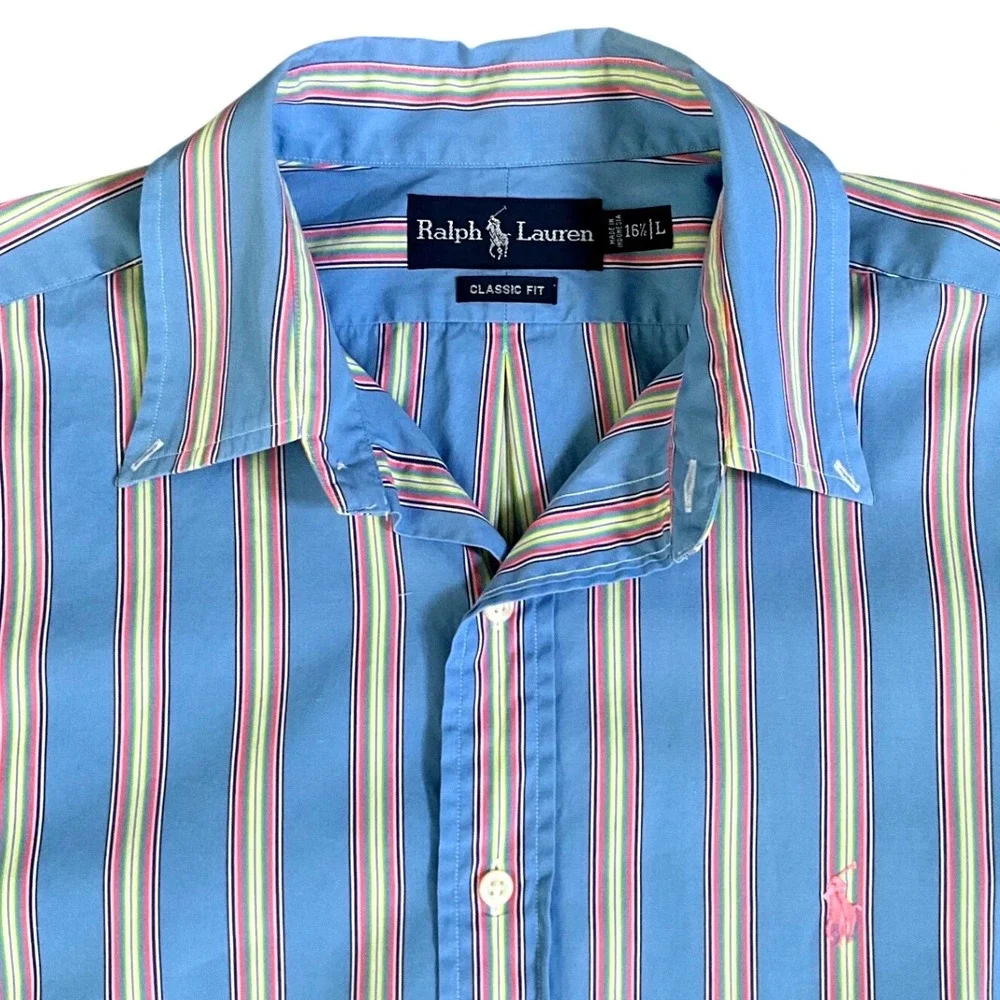 Ralph Lauren Classic Fit Blue Multicolor Stripe Button Down Shirt Mens 16.5 L